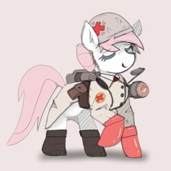 Size: 1355x1356 | Tagged: safe, artist:rellopone, derpibooru import, nurse redheart, pony, boots, clothes, crossover, earth, eyes closed, gloves, medic, medigun, shoes, smiling, solo, team fortress 2, uniform