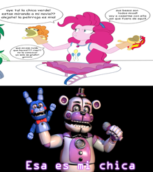 Size: 1920x2160 | Tagged: safe, artist:crock2121, derpibooru import, adagio dazzle, pinkie pie, sunset shimmer, better together, equestria girls, bon bon (fnaf), exploitable meme, five nights at freddy's, funtime freddy, hand puppet, meme, sister location, spanish, that's my pony, that's my x