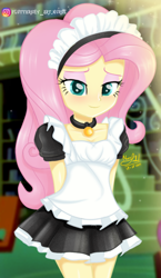 Size: 538x929 | Tagged: safe, artist:fluttershy_art.nurul, derpibooru import, fluttershy, equestria girls, beautiful, choker, clothes, cute, dress, eyeshadow, fluttermaid, jewelry, lace, library, maid, maid headdress, makeup, necklace, shyabetes, skirt, solo