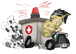 Size: 7016x4961 | Tagged: safe, artist:khaki-cap, derpibooru import, oc, oc only, alicorn, alicorn oc, ambulance, angry, car, commission, digital art, dirt, driving, fast, horn, license plate, male, mannbulance, raffle, raffle prize, road rage, signature, simple background, stallion, team fortress 2, transparent background, wings, ych result
