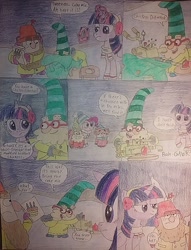 Size: 960x1256 | Tagged: safe, artist:jebens1, derpibooru import, pinkie pie, twilight sparkle, twilight sparkle (alicorn), alicorn, clothes, comic, confused, earmuffs, metal detector, scarf, smiling, the 7d, traditional art, unamused