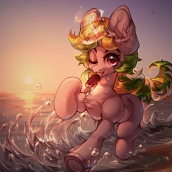 Size: 2048x2048 | Tagged: safe, artist:minekoo2, derpibooru import, oc, oc only, pony, unicorn, beach, commission, digital art, female, food, glowing, glowing horn, horn, ice cream, licking, looking at you, magic, mare, ocean, one eye closed, running, sky, solo, sunset, tail, tongue, tongue out