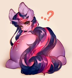 Size: 1892x2048 | Tagged: safe, artist:minekoo2, derpibooru import, twilight sparkle, twilight sparkle (alicorn), alicorn, pony, butt, digital art, female, horn, looking at you, looking back, looking back at you, lying, mare, plot, ponyloaf, prone, question mark, rear view, simple background, solo, tail, twibutt, twilight has a big ass, wings