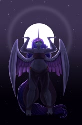 Size: 1340x2048 | Tagged: safe, artist:unfinishedheckery, derpibooru import, princess luna, alicorn, anthro, unguligrade anthro, belly button, breasts, clothes, digital art, female, horn, loincloth, looking at you, princess balloona, simple background, solo, spread wings, tail, tanktop, thighs, wings