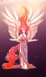 Size: 1374x2275 | Tagged: safe, artist:unfinishedheckery, derpibooru import, princess celestia, alicorn, anthro, unguligrade anthro, belly button, breasts, clothes, digital art, dress, eyes closed, female, horn, princess breastia, simple background, solo, spread wings, tail, thighs, wings