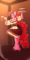 Size: 1050x2100 | Tagged: safe, artist:unfinishedheckery, derpibooru import, pinkie pie, anthro, earth pony, unguligrade anthro, alcohol, beer, breasts, cake, cleavage, clothes, digital art, dress, female, food, looking at you, oktoberfest, open mouth, open smile, pinkie pies, simple background, smiling, solo, tail, thighs, unshorn fetlocks