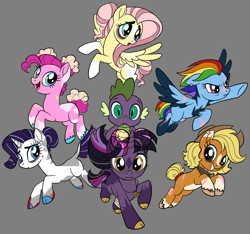 Size: 1024x957 | Tagged: safe, artist:tezzbot, derpibooru import, applejack, fluttershy, pinkie pie, rainbow dash, rarity, spike, twilight sparkle, unicorn twilight, alicorn, dragon, earth pony, pegasus, pony, unicorn, alternate design, alternate hairstyle, cloven hooves, colored hooves, female, glasses, gray background, leonine tail, male, mane seven, mane six, mare, scar, simple background, tail, unshorn fetlocks