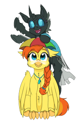 Size: 800x1200 | Tagged: safe, artist:rokosmith26, derpibooru import, oc, oc only, oc:goldenflow, oc:tarsi, changeling, classical hippogriff, hippogriff, 2022 community collab, beak, bipedal, braid, changeling horn, changeling oc, changeling wings, cheek fluff, classical hippogriff oc, claws, clothes, commission, derpibooru community collaboration, duo, ears, fangs, female, floppy ears, glasses, hairband, happy, hat, hippogriff oc, horn, insect wings, jewelry, large wings, leggings, looking at you, looking up, looking up at you, male, necklace, open mouth, simple background, sitting, smiling, stallion, sunscreen, transparent background, umbrella hat, underhoof, unshorn fetlocks, wall of tags, waving, whistle, whistle necklace, wing fluff, wings