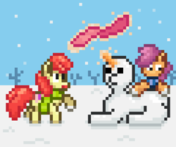 Size: 480x400 | Tagged: safe, artist:nitobit, derpibooru import, apple bloom, scootaloo, earth pony, pegasus, apple bloom's bow, bow, carrot, clothes, female, filly, foal, food, hair bow, levitation, magic, pixel art, scarf, snow, snowman, snowpony, telekinesis