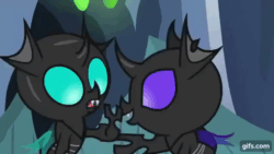 Size: 640x360 | Tagged: safe, derpibooru import, screencap, pharynx, thorax, changeling, nymph, season 7, to change a changeling, animated, baby, baby changeling, brothers, cute, cuteling, fangs, gif, gifs.com, male, open mouth, siblings, why are you hitting yourself