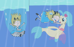 Size: 2048x1306 | Tagged: safe, artist:seacommishes, derpibooru import, princess skystar, seapony (g4), my little pony: the movie, alice cosplay, bubble, clothes, crossover, hug, katie, ocean, phineas and ferb, splash, underwater, water, wet, wet clothes