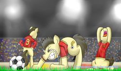 Size: 1200x704 | Tagged: safe, artist:phuocthiencreation, derpibooru import, earth pony, pony, 2014, bipedal, clothes, crying, eyes closed, football, gritted teeth, head in hooves, nose in the air, open mouth, ponified, sad, sports, stadium, tail, vietnam
