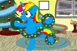 Size: 1091x725 | Tagged: safe, artist:shield-wing1996, derpibooru import, oc, oc:royal strength, alicorn, pony, bipedal, christmas, christmas tree, female, holiday, multicolored mane, solo, standing, standing on one leg, tree