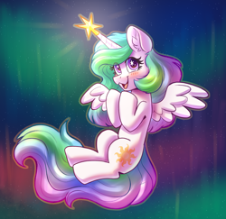 Size: 2552x2480 | Tagged: safe, artist:dandy, derpibooru import, princess celestia, alicorn, pony, aurora borealis, blushing, cute, cutelestia, ear fluff, ears, female, high res, horn, looking at you, mare, open mouth, open smile, smiling, smiling at you, solo, starry eyes, stars, wingding eyes, wings