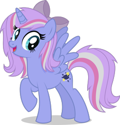 Size: 1926x1999 | Tagged: safe, artist:thatusualguy06, derpibooru exclusive, derpibooru import, oc, oc only, oc:star collider, oc:starcollider, alicorn, pony, .svg available, 2022 community collab, alicorn oc, bow, derpibooru community collaboration, eyelashes, female, full body, hair bow, horn, mare, multicolored mane, multicolored tail, open mouth, open smile, raised hoof, raised leg, shadow, show accurate, simple background, smiling, solo, spread wings, standing, svg, tail, transparent background, vector, wings