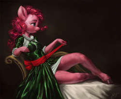 Size: 1080x884 | Tagged: safe, artist:assasinmonkey, derpibooru import, pinkie pie, anthro, earth pony, unguligrade anthro, breasts, christmas, clothes, dress, female, holiday, hooves, legs, mare, reclining