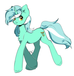 Size: 1058x1086 | Tagged: safe, artist:pledus, derpibooru import, lyra heartstrings, pony, unicorn, chest fluff, eye clipping through hair, female, full body, horn, mare, simple background, smiling, solo, tail, two toned mane, two toned tail, walking, white background