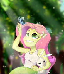 Size: 720x824 | Tagged: safe, artist:0barproart, derpibooru import, angel bunny, fluttershy, butterfly, rabbit, equestria girls, animal, female, forest, grin, looking up, male, recreation, smiling