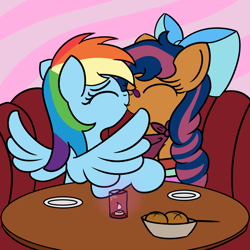 Size: 2000x2000 | Tagged: safe, artist:dafiltafish, derpibooru import, rainbow dash, oc, oc:solar comet, earth pony, pegasus, pony, bread, earth pony oc, female, food, kissing, lesbian, shipping, wings