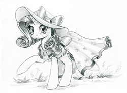 Size: 1200x879 | Tagged: safe, artist:maytee, derpibooru import, rarity, pony, unicorn, bow, clothes, dress, female, gameloft, grayscale, hat, mare, monochrome, raised leg, smiling, solo, traditional art