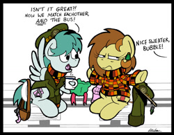 Size: 1024x797 | Tagged: safe, artist:bobthedalek, derpibooru import, oc, oc only, oc:bubble pump, oc:clippy ticket, earth pony, pegasus, pony, bag, cap, clothes, ear piercing, earring, hat, hearth's warming, jacket, jewelry, mug, piercing, present, sweater, unamused, wrapping paper