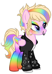 Size: 602x866 | Tagged: safe, artist:kyannepopys, derpibooru import, oc, oc only, pegasus, pony, unicorn, base used, clothes, female, mare, multicolored hair, nose piercing, nose ring, pegasus oc, piercing, rainbow hair, simple background, smiling, solo, wings