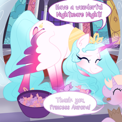 Size: 800x800 | Tagged: safe, artist:wolfyfree, derpibooru import, oc, oc only, oc:aurora borealis, alicorn, pony, alicorn oc, candy, dialogue, duo, eyelashes, female, food, horn, jewelry, mare, smiling, tiara, wings