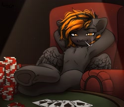 Size: 3040x2625 | Tagged: safe, artist:konejo, derpibooru import, oc, oc only, pegasus, pony, card game, cigarette, playing card, poker card, royal flush, smoking, solo