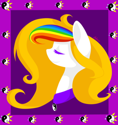 Size: 3200x3400 | Tagged: safe, artist:avonir, derpibooru import, oc, oc only, earth pony, pony, abstract background, bust, earth pony oc, eyelashes, female, mare, multicolored hair, rainbow hair, signature, smiling, solo, yin-yang