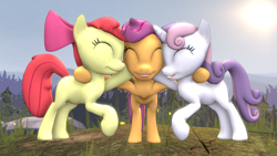 Size: 1920x1080 | Tagged: safe, artist:drdicksamazingstick, derpibooru import, apple bloom, scootaloo, sweetie belle, earth pony, pegasus, pony, unicorn, 3d, cutie mark crusaders, eyes closed, female, filly, foal, grin, hug, open mouth, open smile, smiling