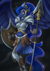 Size: 955x1351 | Tagged: safe, artist:mysticalpha, princess luna, alicorn, anthro, armor, belly button, midriff, shield, solo, spear, unconvincing armor, weapon