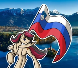 Size: 936x816 | Tagged: safe, oc, oc:porsche speedwings, pony, flag, irl, lake bled, photo, ponies in real life, slovenia, solo
