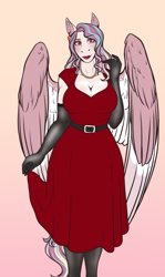 Size: 1192x1997 | Tagged: safe, artist:blackblood-queen, oc, oc only, oc:april showers, anthro, pegasus, unguligrade anthro, big breasts, breasts, cleavage, clothes, digital art, dress, ear piercing, earring, eyeshadow, female, gloves, gradient background, jewelry, lipstick, long gloves, makeup, mare, mother, necklace, pearl necklace, pegasus oc, piercing, red dress, smiling, solo