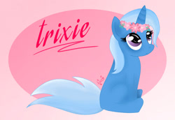 Size: 1280x881 | Tagged: safe, artist:lucybatim68, derpibooru import, trixie, pony, unicorn, cute, diatrixes, eyelashes, female, floral head wreath, flower, horn, looking up, mare, missing cutie mark, simple background, sitting, smiling, solo, tail, text