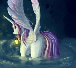 Size: 2232x2000 | Tagged: safe, artist:charlieschiffer, derpibooru import, oc, oc only, alicorn, pony, alicorn oc, horn, lantern, mouth hold, solo, spread wings, water, wings