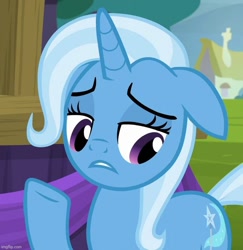 Size: 701x720 | Tagged: safe, derpibooru import, screencap, trixie, pony, unicorn, no second prances, season 6, cropped, ears back, female, frown, horn, imgflip, looking down, mare, purple eyes, solo, two toned mane