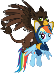 Size: 1973x2663 | Tagged: safe, artist:lightningbolt, derpibooru exclusive, derpibooru import, rainbow dash, oc, oc:quill rokbik, griffon, pegasus, pony, .svg available, 2022 community collab, beak, carrying, clothes, derpibooru community collaboration, duo, e621, eared griffon, female, fluffy, flying, happy, hoodie, looking at you, male, mare, open mouth, partially open wings, paws, simple background, slit eyes, spread wings, svg, talons, transparent background, vector, wings