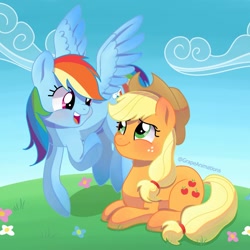 Size: 1080x1080 | Tagged: safe, artist:grapeanimations, derpibooru import, applejack, rainbow dash, earth pony, pegasus, pony, appledash, applejack's hat, clothes, cloud, cowboy hat, female, flower, flying, freckles, grass, hat, looking at each other, looking at someone, lying down, mare, open mouth, open smile, prone, raised hoof, raised leg, shipping, sky, smiling, spread wings, wings