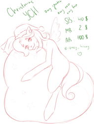 Size: 3500x4600 | Tagged: safe, artist:stassy_honey, derpibooru import, oc, pony, advertisement, any gender, any race, any species, auction, auction open, bag, christmas, commission info, holiday, solo, ych sketch
