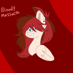 Size: 2067x2067 | Tagged: safe, artist:circuspaparazzi5678, artist:senpai-breanna5678, derpibooru import, oc, oc:bloody massacre, pegasus, pony, bust, ear piercing, earring, grin, jewelry, parent:breanna, parent:grell sutcliff, parent:oc:breanna, piercing, portrait, sharp teeth, skull, smiling, solo, teeth