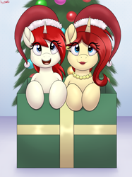 Size: 2695x3595 | Tagged: safe, artist:an-tonio, derpibooru import, oc, oc:golden brooch, oc:silver draw, pony, box, christmas, female, hat, holiday, mother and child, mother and daughter, parent and child, pony in a box, santa hat, smiling, tree