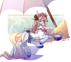 Size: 2300x2000 | Tagged: safe, artist:wuya, derpibooru import, oc, oc:altini white, pony, unicorn, coconut, floral head wreath, flower, food, lidded eyes, sand, solo, straw, umbrella, unshorn fetlocks