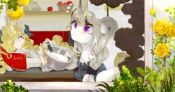 Size: 3220x1697 | Tagged: safe, artist:tingsan, derpibooru import, oc, oc only, oc:altini white, oc:chloe white, baking, book, curved horn, ears, floppy ears, frown, horn, horns, levitation, magic, smiling, telekinesis