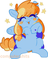 Size: 715x868 | Tagged: safe, artist:computershits, derpibooru exclusive, derpibooru import, oc, oc only, oc:aurelia coe, earth pony, pony, blue fur, blushing, bow, chest fluff, ear fluff, ears, female, freckles, happy, hoof heart, orange mane, pigtails, raised hoof, raised leg, signature, simple background, sitting, smiling, solo, stars, tail, tail bow, transparent background, twintails