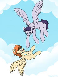 Size: 1500x2000 | Tagged: safe, artist:bloodysticktape, derpibooru import, pegasus, cloud, flying, freckles, hat, tongue, tongue out