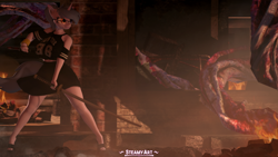 Size: 3840x2160 | Tagged: safe, alternate version, artist:steamyart, derpibooru import, anthro, unicorn, 3d, blood, clothes, glasses, high heels, katana, knife, shoes, skirt, skirt lift, solo, source filmmaker, sword, tentacles, weapon