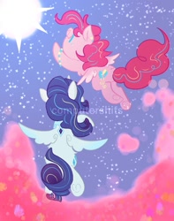 Size: 1058x1340 | Tagged: safe, artist:computershits, derpibooru import, pinkie pie, rarity, alicorn, pegasus, pony, alicornified, bracelet, cloud, female, flying, hooves up, jewelry, lesbian, light, pegasus pinkie pie, princess rarity, race swap, raricorn, raripie, reaching, shipping, starry sky, stars