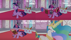 Size: 1280x720 | Tagged: safe, derpibooru import, edit, edited screencap, editor:quoterific, screencap, princess celestia, twilight sparkle, unicorn twilight, alicorn, pony, unicorn, season 3, the crystal empire, crown, ears, eyes closed, female, floppy ears, jewelry, magic, mare, open mouth, regalia, telekinesis