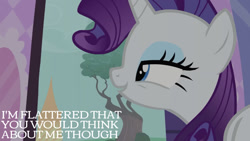 Size: 1280x720 | Tagged: safe, derpibooru import, edit, edited screencap, editor:quoterific, screencap, rarity, pony, unicorn, baby cakes, season 2, carousel boutique, female, mare, open mouth, open smile, smiling, solo, tree