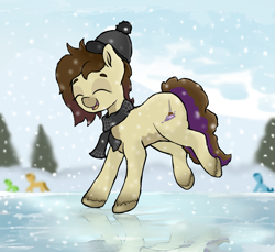 Size: 2085x1913 | Tagged: safe, artist:waffletheheadmare, derpibooru import, oc, oc:cj vampire, earth pony, pony, commission, glasses off, jumping, photo, smiling, snow, snowfall, snowflake, solo, winter, ych result, your character here